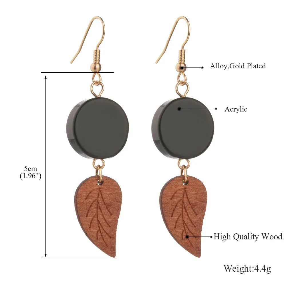 Ny klassisk trä svart runda akryl geometriska blad högkvalitativa trä droppe örhängen för kvinnor tillbehör