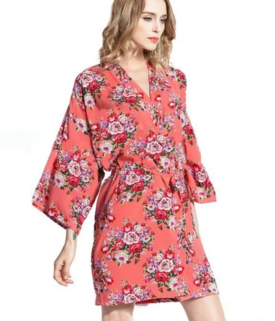 2016 Womens Bomull Floral Robe Ladies Pajama Lingerie Sleepwear Kimono Bath Gown PJS NightGown # 4003