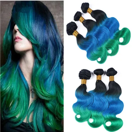 1b Blue Green Dark Root Ombre Brasilianska Human Hair Buntlar 3PCs Body Wave Virgin Remy Human Tree Tone Ombre Hair Weaves Extensions