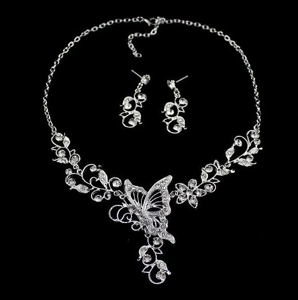 Bridal Flower Butterfly Diamond Necklace Earrings Dangle Set Silver Color Leaf Hollow Out Butterfly Necklace Earrings