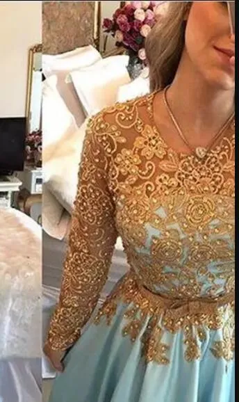 Charming Light Blue Gold Lace Evening Pageant Dresses Long Sleeve beaded belt middle east country Prom dresses Party Gown Dress