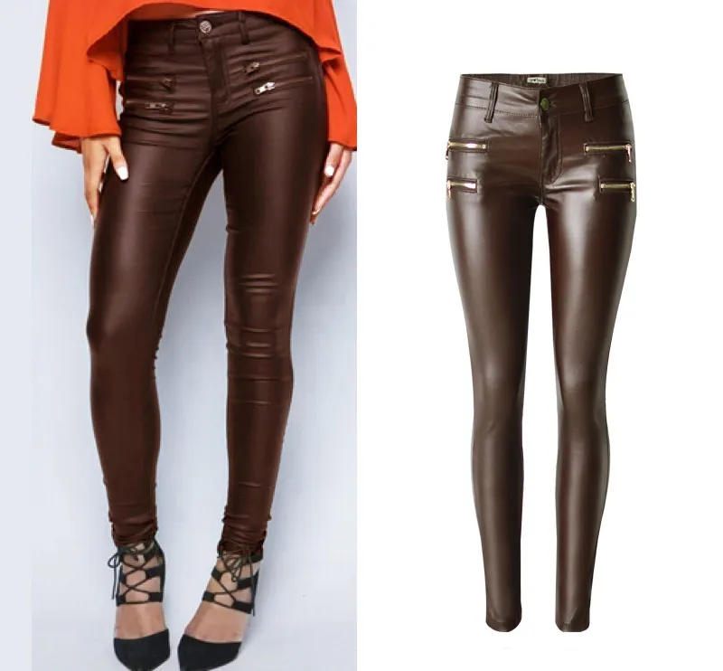 Pantalon élastique taille basse en cuir PU marron pour femme Pantalon enduit à double fermeture éclair Design grande taille