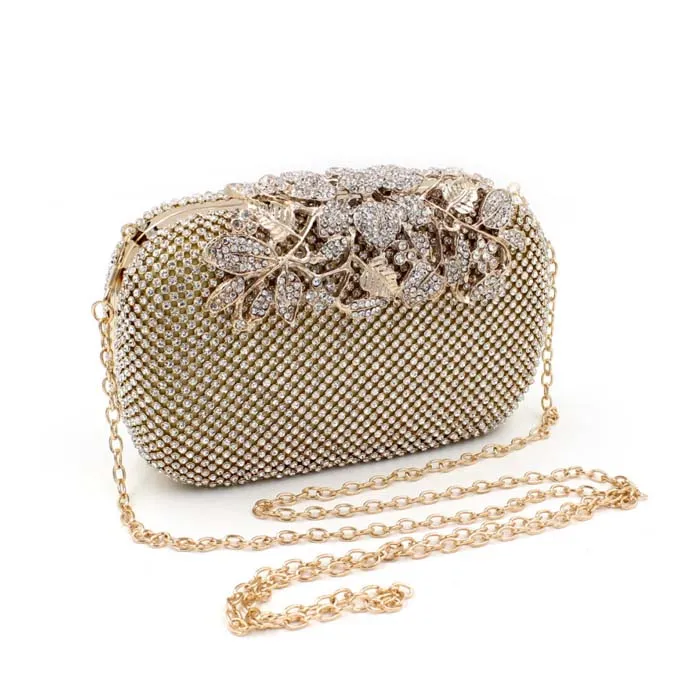 2016 New Fashion Leaves Diamond Evening Clutch Women Evening Bags Black/Silver/Gold With Both Chians Femal Messenger Bags