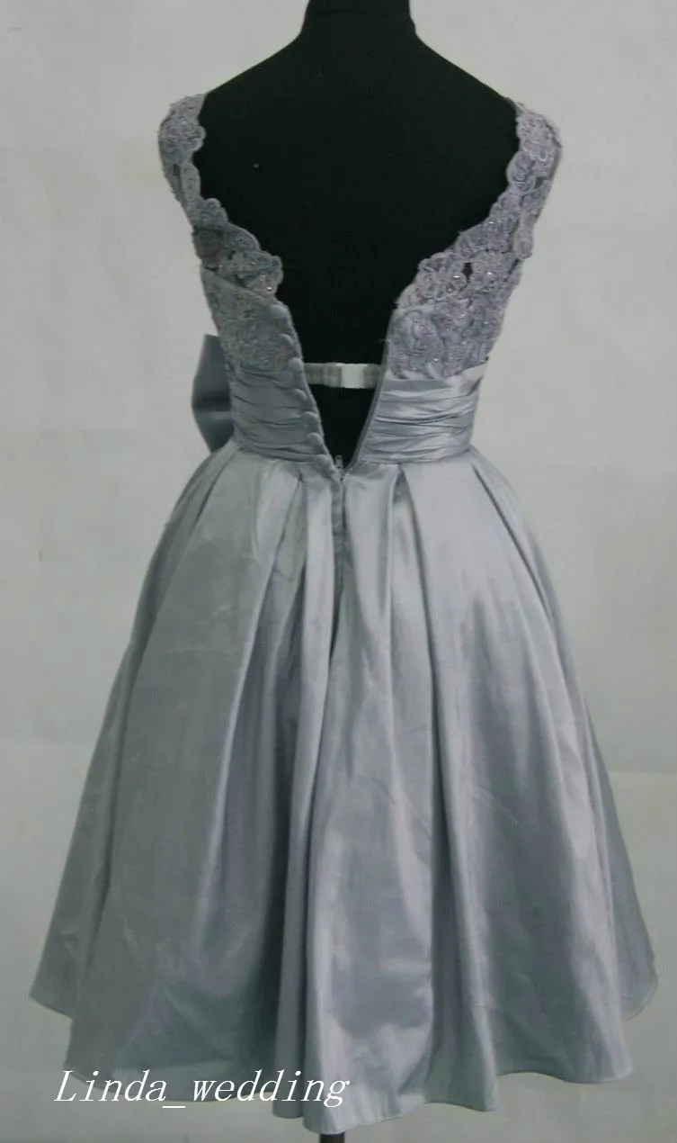 Silver Grey Short Bridesmaid Dress Modest Taffeta With Bow Lace Wedding ...
