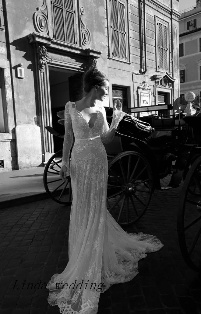 Gratis verzending Inbal Dror Vintage Kant Lange Mouw Trouwjurk Nieuwe Collectie Haute Couture Formal Dream Bridal Party Jurk