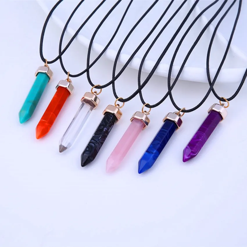 Fashion Bullet Shape Natural Stone Pendant necklaces Hexagonal Prism Quartz turquoise Crystal gems Jewelry for women men Gold/Silver