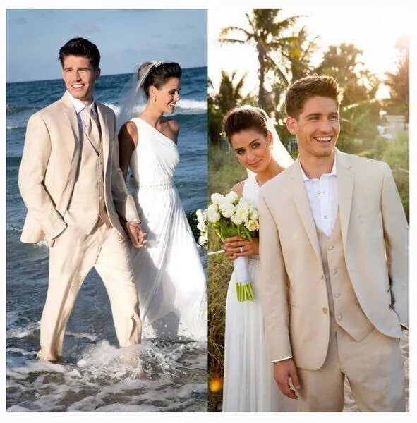 Skräddarsydd Tre Piece Suit Beige Beach Bröllop Tuxedo Suits Handsome Mens Passar för Groom Formell Prom Passar (Jacka + Byxor + Vest + Slips)