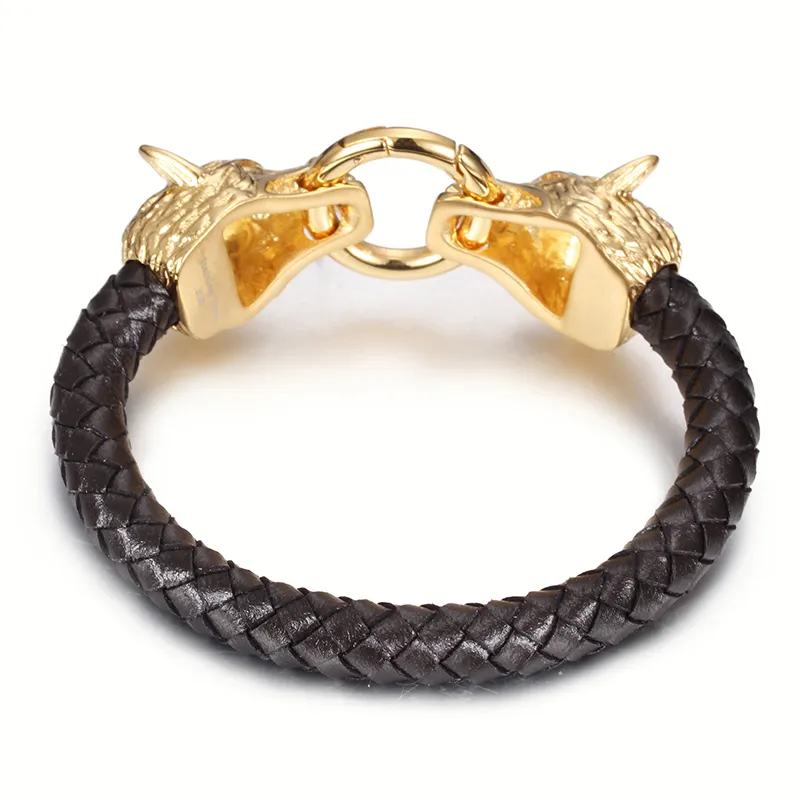 Brand New Punk Black 100% Leather 316L Stainless Steel Men's Jewelry Bangle Biker Double Gold Wolf Heads Charms Bracelet