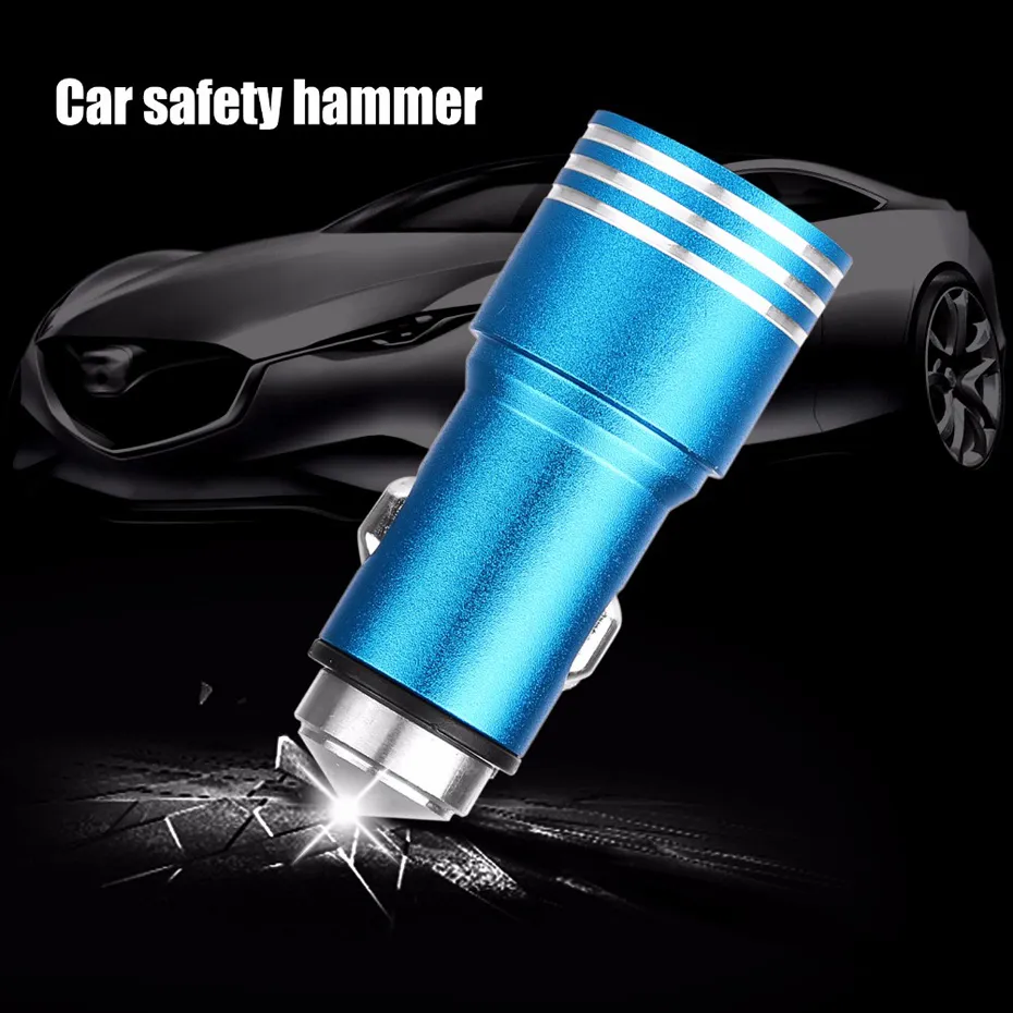 Szybki ładunek 5 V 2.1A Podwójna ładowarka samochodowa USB Aluminium Alloy Car-Charger Emergence Safety Hammer dla telefonu iPhone Samsung Xiaomi HTC Telefon komórkowy