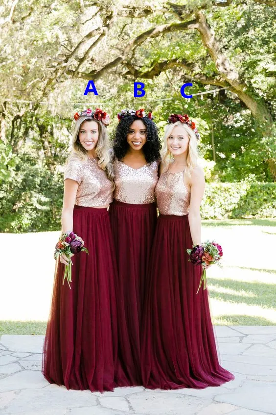 Två Tone Rose Gold Burgundy Land Brudtärna Klänningar Anpassning Gör Lång Junior Maid of Honor Wedding Party Gästklänning Billiga Plus Storlek