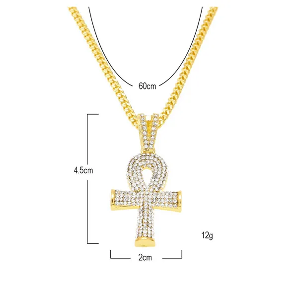 Collar con colgante de llave de Ankh egipcio con diamantes de imitación de cristal de nueva moda, cadena de caja chapada en oro de 18 quilates, collares largos para hombres/mujeres, joyería de fiesta