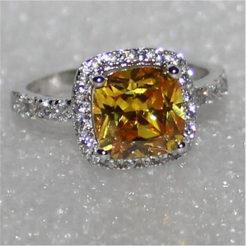 Мода 3ct Принцесса cut Топаз драгоценный камень кольца окружают крошечные ювелирные изделия с бриллиантами стерлингового серебра 925 обручальное кольцо для женщин