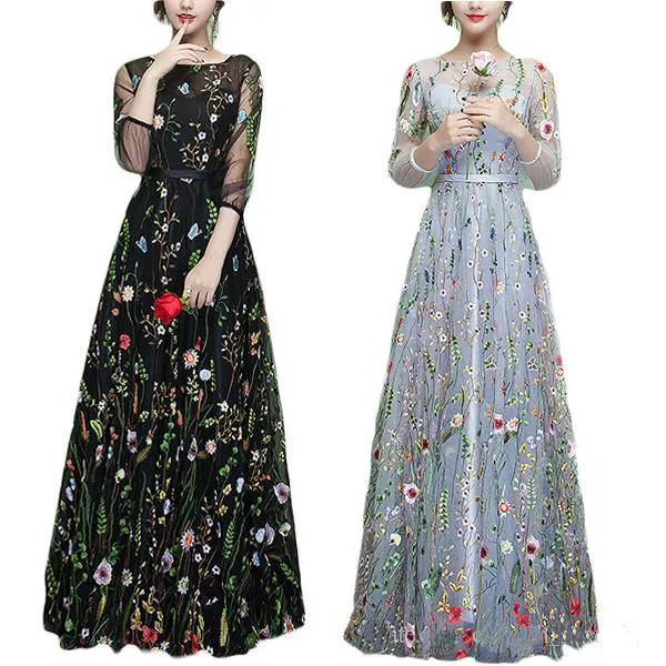 Moda Illusion Sheer Black Evening Dresses Ball Haft 2018 Długie Floral Party Prom Dresses Pageant Suknie Kwiat Wiosna Szata De Soiree
