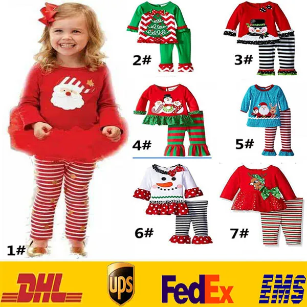 Baby Christmas Sets Outfits Nuovi bambini Neonati Ragazzi delle ragazze XMAS Tree Snowman Deer Tute Tutu Top T-shirt + Pantaloni a righe Abbigliamento HH-S02