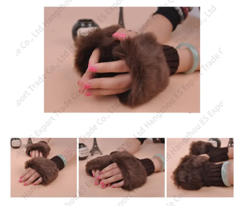 7 färger varma vackra handskar kvinnor stickad exponerad finger konstgjord ull päls handleden Fingerless vants gratis skepp