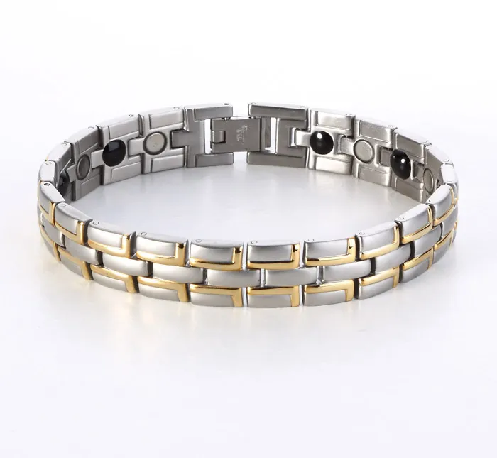 Gold Black Silver Stainless Steel Titanium negative ion magnetic link chain health benefit bracelet for men bio healing