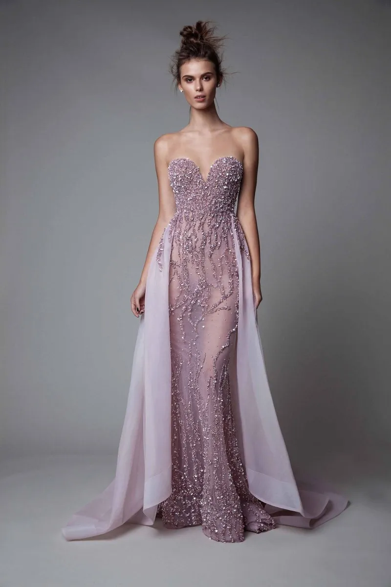 Berta 2019 Lavender Evening Dresses Backless Luxury Crystal Illusion Beads Mermaid Prom Bowns With Loptay Train Sheer Neck Par244V