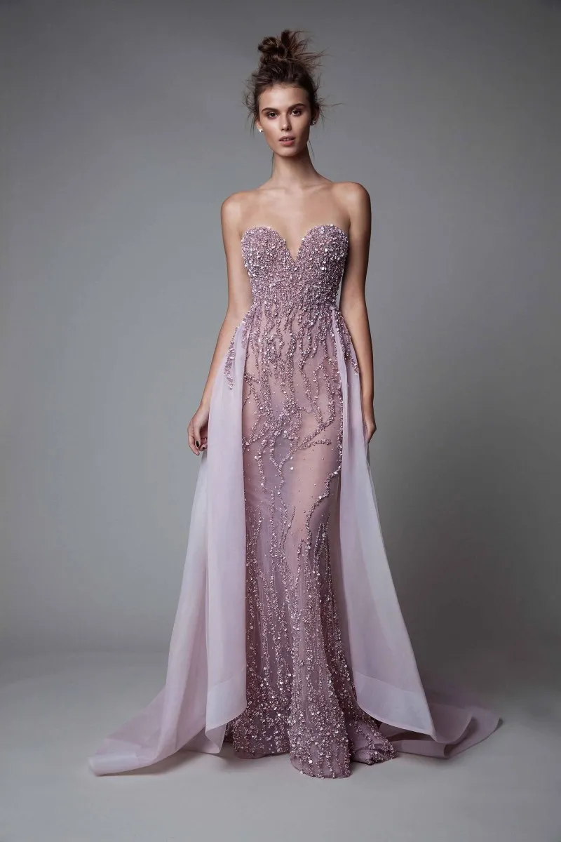 Berta 2019 robes de soirée lavande dos nu luxe cristal illusion perles sirène robes de bal avec train détachable pure cou Par2544