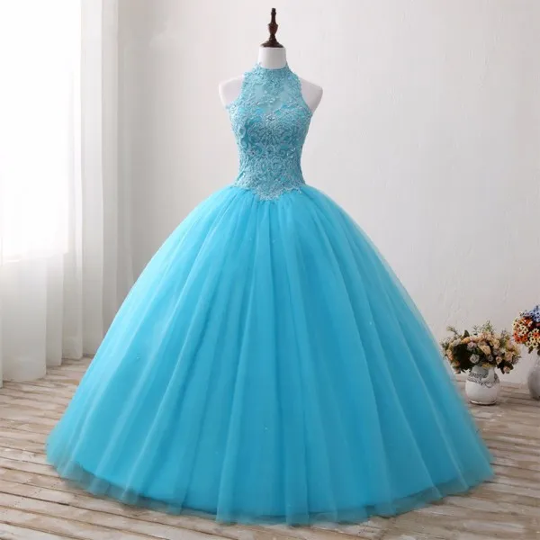 Aqua Blue Ball Gown Quinceanera Dresses High Neck Sleeveless Beaded Lace Appliques Open Back Corset Puffy Tulle Sweet 16 Dresses1328726
