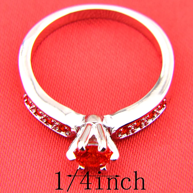 Groothandel 6 stks / partij Daily Jewelry Holiday Gift Fire Ronde Rode Kubieke Zirkonia Gemstone 925 Sterling Verzilverd Ring