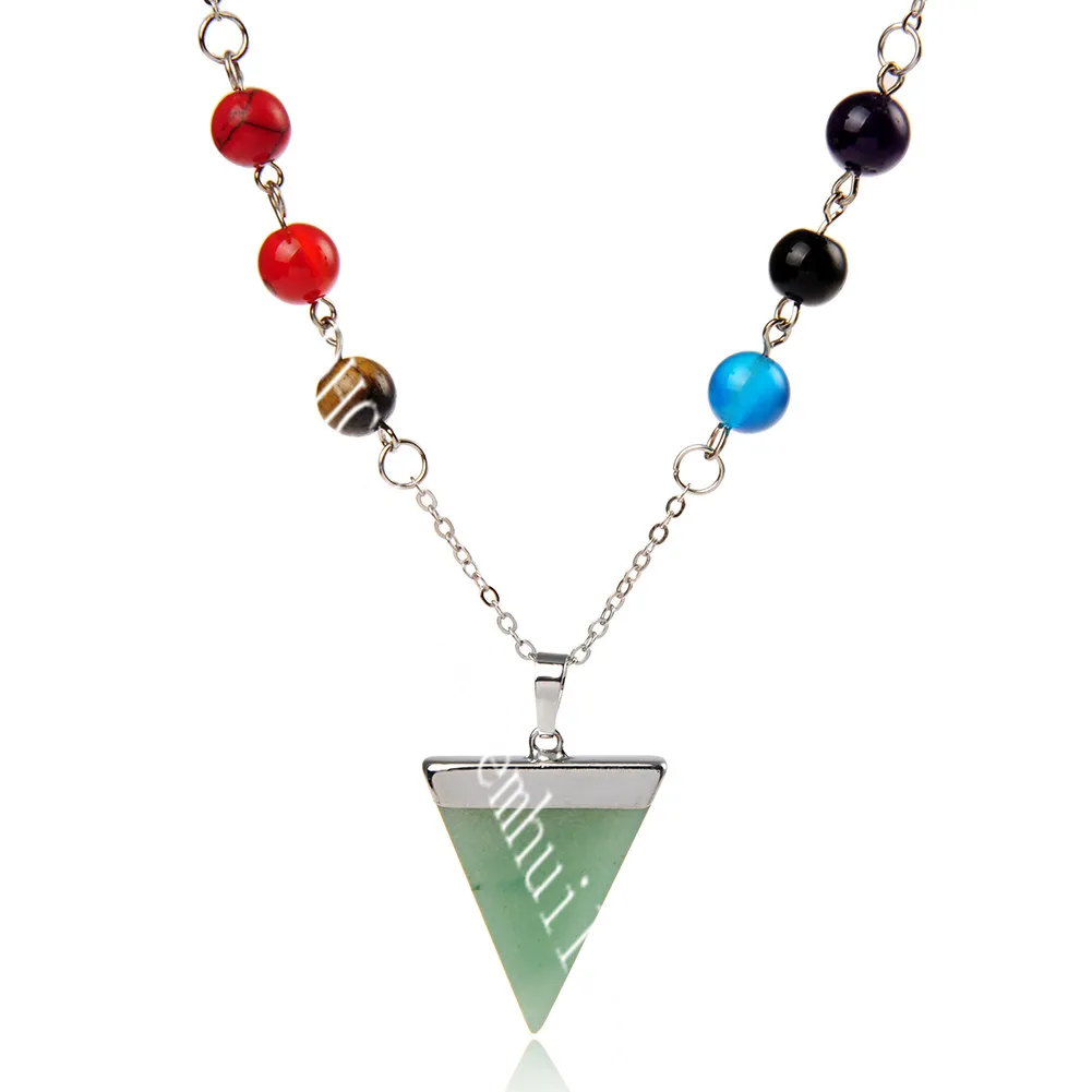 Special Seven Chakra Symbol Necklace Yoga Necklace Reiki Energy Triangle Natural Gemstone Pendant on 8MM Semi Gem Chakra Bead Chain Necklace