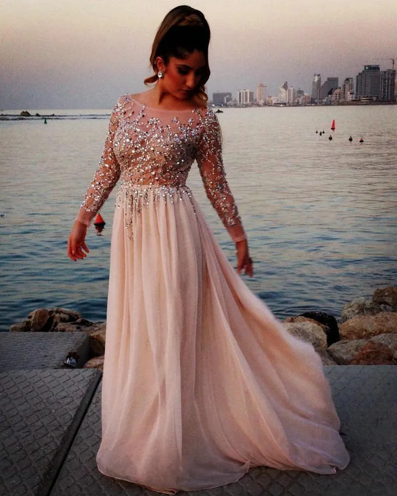 Trend Long Sleeve Aftonklänningar Sequined Pärlor Chiffon Prom Klänningar Vestidos de Festa Formell Party Gown för Graduation Scoop Vestidos