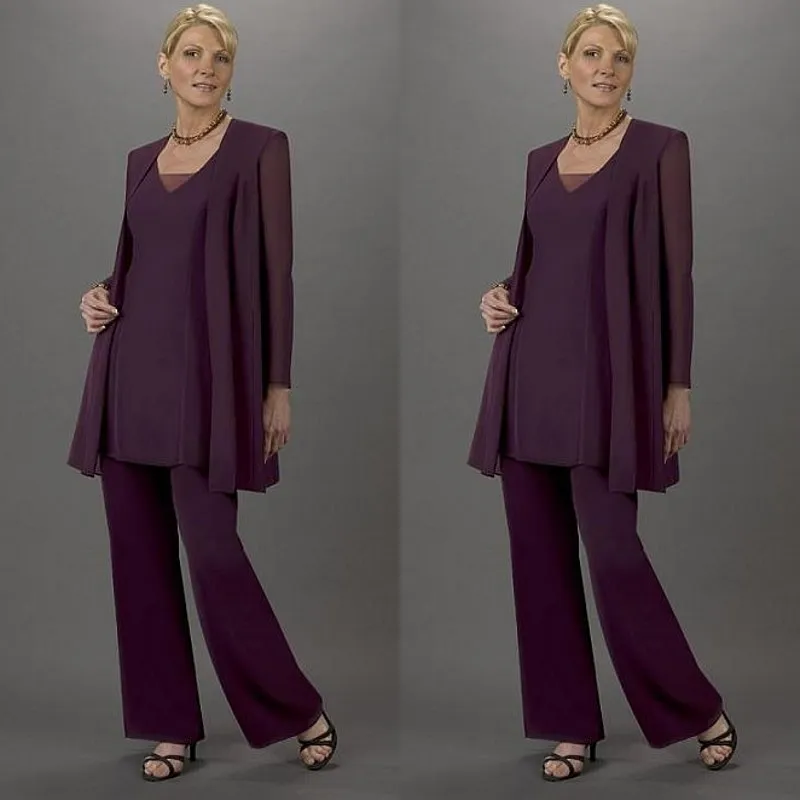 Eleganckie trzy kawałki Matka panny młodej Pant Suit 2016 Tanie Sexy V-Neck Szyfonowe Długie Rękaw Płaszcz Plus Size Matka panny młodej Sukienka