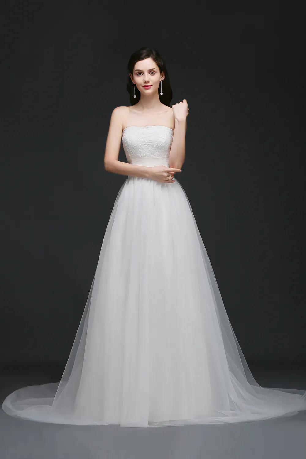Sweet Strapless Garden Wedding Dresses Lace Top Soft Tulle Beach Wedding Gowns Summer Cheap Wedding Gowns Robe CPS762