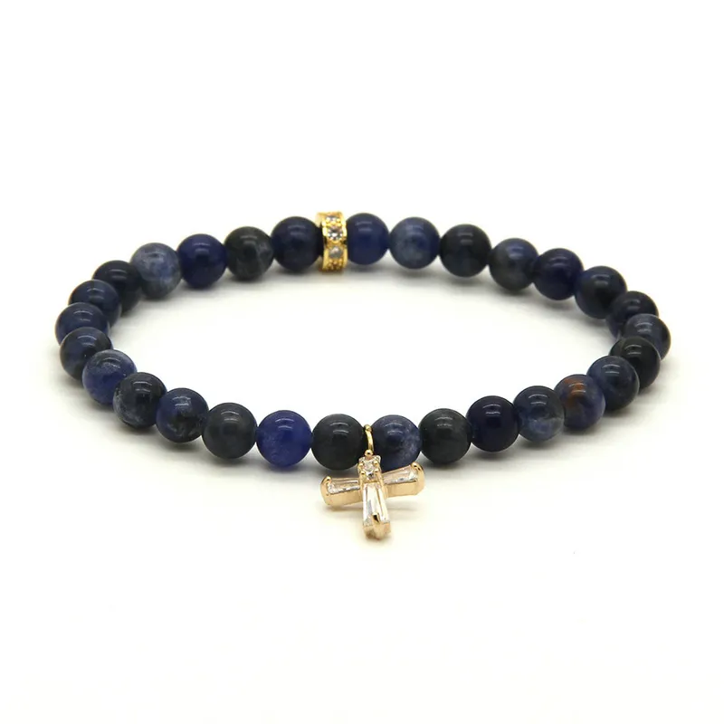 Bracelets d'été en pierre de veines bleues naturelles de 6mm, avec Zircons clairs, croix fidèle, perles Cz, meilleur cadeau, vente en gros, nouvelle collection