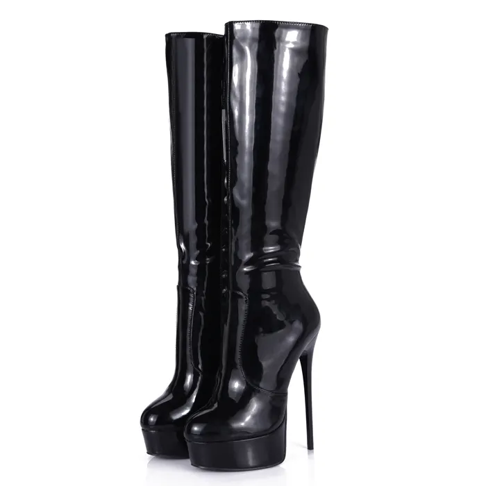 Оптовая сексуальная модная черная блестящая патент PU коленные сапоги для женщин с платформой и 16 см высокий каблук итальянский дизайн ручной обувь фетиш экзотический полюсный танец готический панк