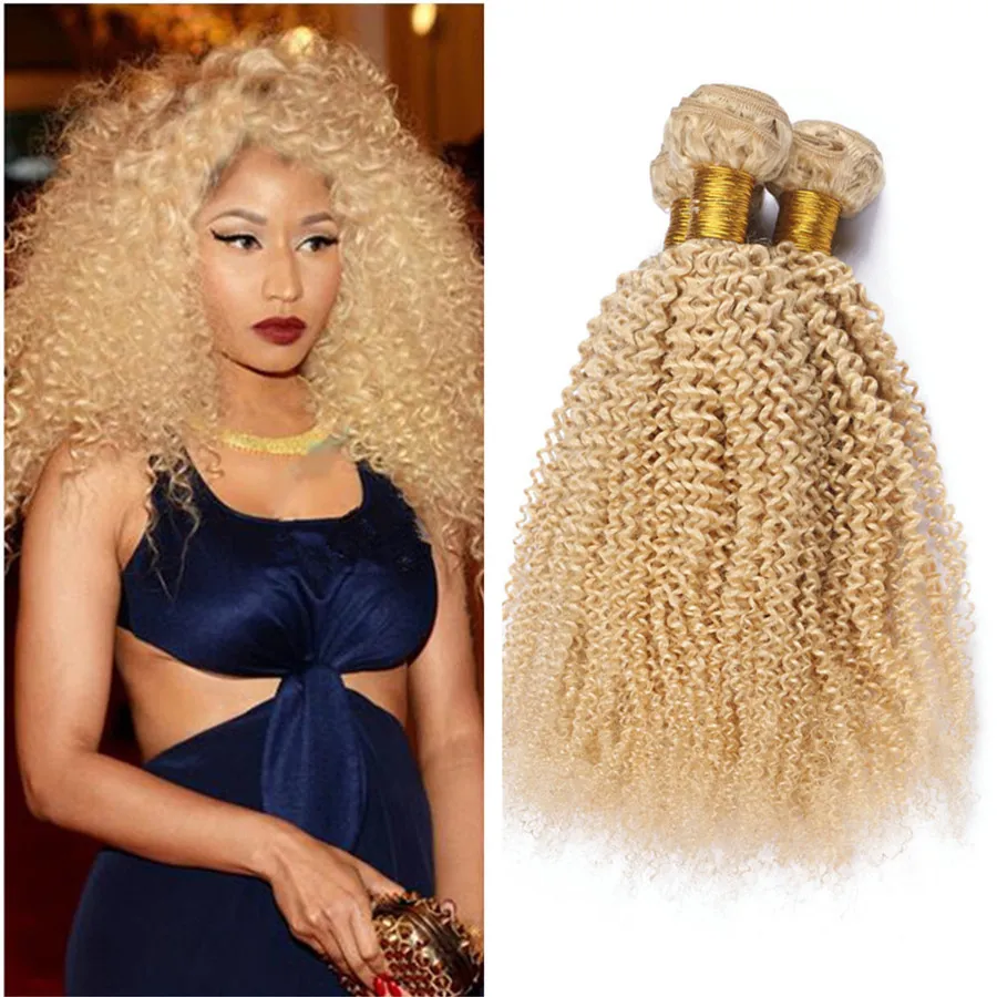 Blonde Afro Perwersyjne Wiązki Hair # 613 Platinum Blondynka Deep Kinky Kręcone Mongolski Dziewiczy Ludzki Włosy Najwyższej Jakości Włosy Wefts 3szt