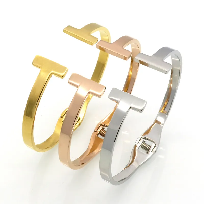 Fashion Jewelry Stainless Steel Gold plated Spring Double T bracelets For Women Letter Cuff Love Bangles smooth arm charm bracelet Wholesale