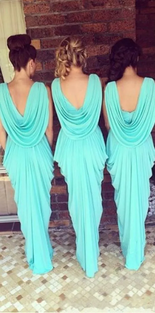 2020 Goedkope Bruidsmeisjes Jurken V-hals Bruiloft Gastkleding Teal Turquoise Chiffon Open Back Sash Floor Lengte Ruched Party Maid of Honorjurken