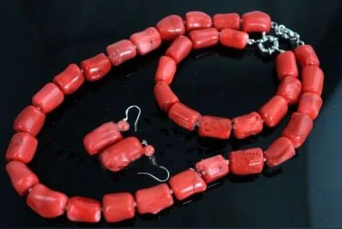 Natürliche rote Koralle Perle Zylinder Choker Halskette Armband Ohrring Schmuck-Set