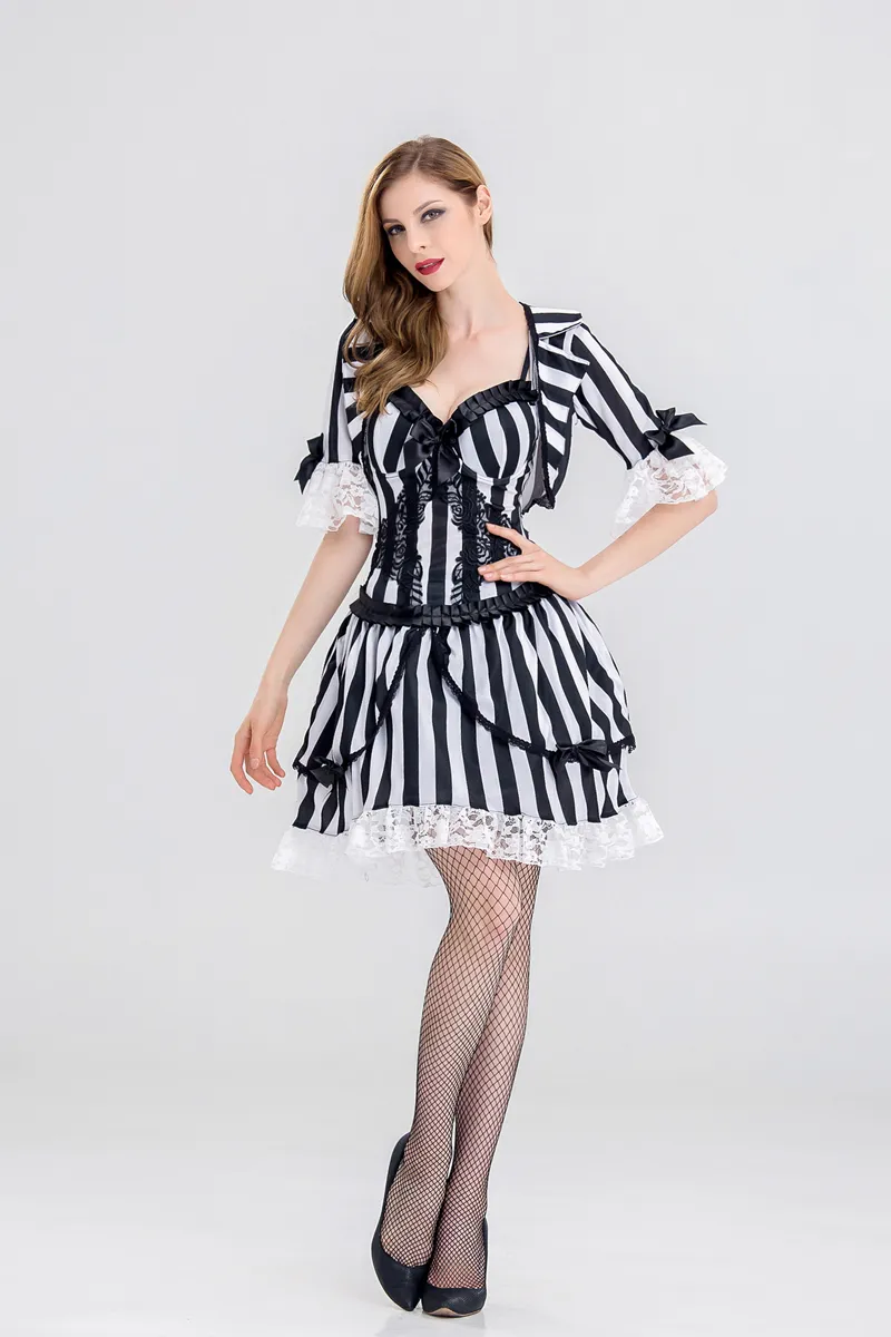 Kvinnor Vampyr Zombie Dress Halloween Sexig Spansk Ghost Cosplay Klänning Svart Vit Stripes Fancy Gothic Kostym