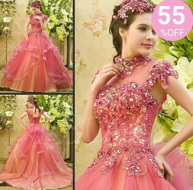 2021 Mütevazı Quinceanera Elbiseler Yüksek Boyun Basamaklı Ruffles Özelleştirilmiş Aplike Boncuklu Sheer Uzun Pembe Balo Pageant Parti Elbise