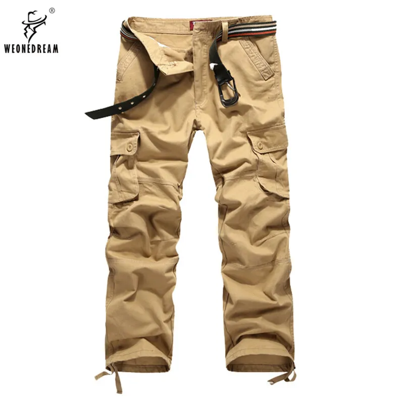 Wholesale-WEONEDREAM 2016 Men Cargo Long Pants Army Khaki Black Multi Pockets Casual Easy Wash Male Spring Autumn Pants Plus Size 30-44