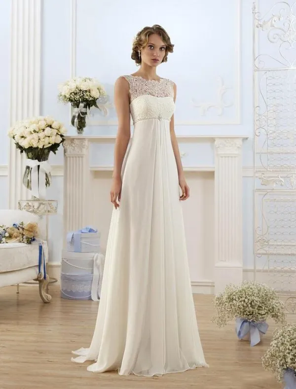 Cheap Empire Waist Wedding Dress Sheer Jewel Neckline Sleeveless Lace Top Beach Garden Country Style Chiffon Bridal Gowns Beaded Belt