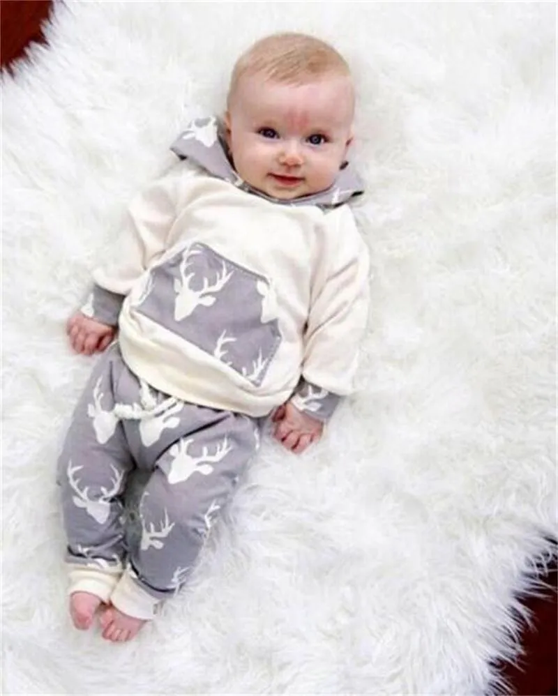 Chaud bébé garçon vêtements ensemble coton tête de cerf imprimé hauts à capuche + pantalons deux pièces garçons tenues enfants garçons vêtements ensembles bébé garçon survêtement