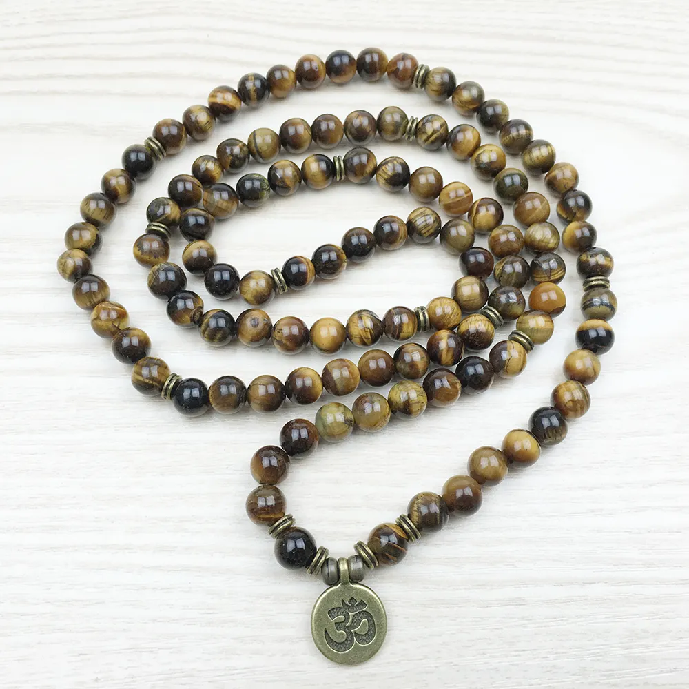 SN1148 Mode Tiger Eye 108 Mala Armband Om Buddha Armband eller Halsband Yoga Armband 4 Wrap Natursten Armband