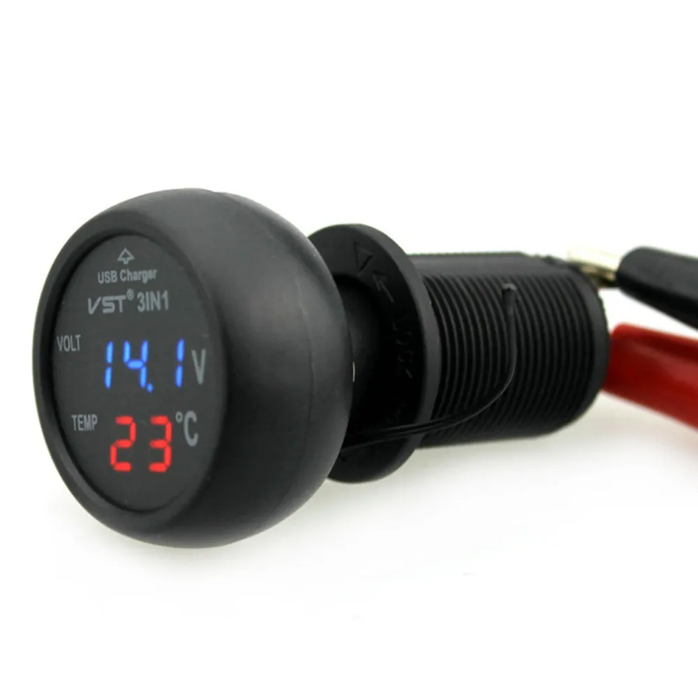 3 em 1 VST-706 Digital LED Voltímetro Termômetro Auto Car USB Carregador 12V/24V Medidor de Temperatura Voltímetro Acendedor de Cigarros