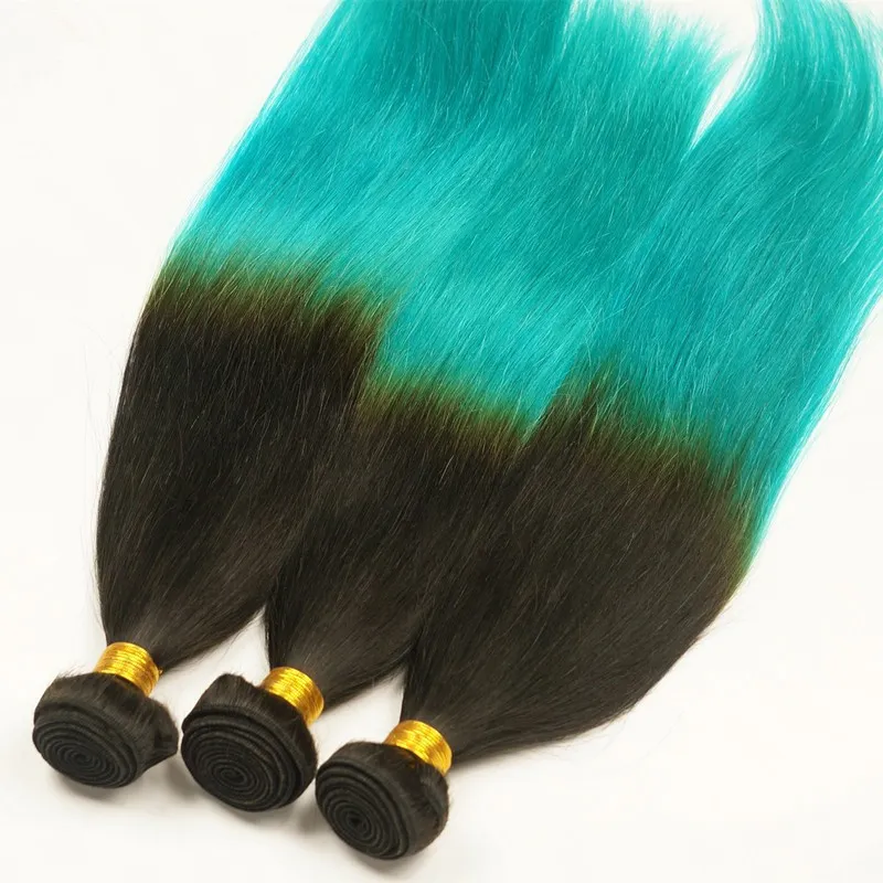 9A Peruvian 1B Teal Two Tone Human Virgin Hair Bundles Silky Straight Extensions Dark Roots Teal Green Ombre Human Hair Weaves