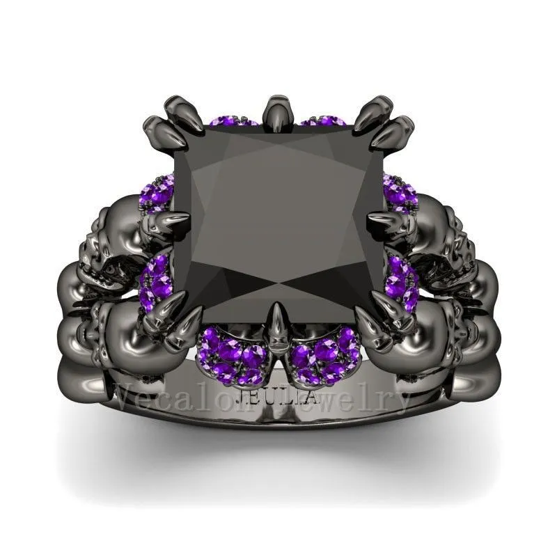 Vecalon Antique crâne bijoux 3ct noir simulé diamant bague de mariage ensemble pour femmes noir or rempli femme bague