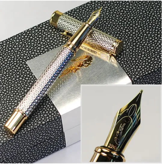 Högkvalitativ krokodil Märke M NIB Silver Metal Fountain Pen Office Stationery Supplies Skriva Business Present Bläckpennor