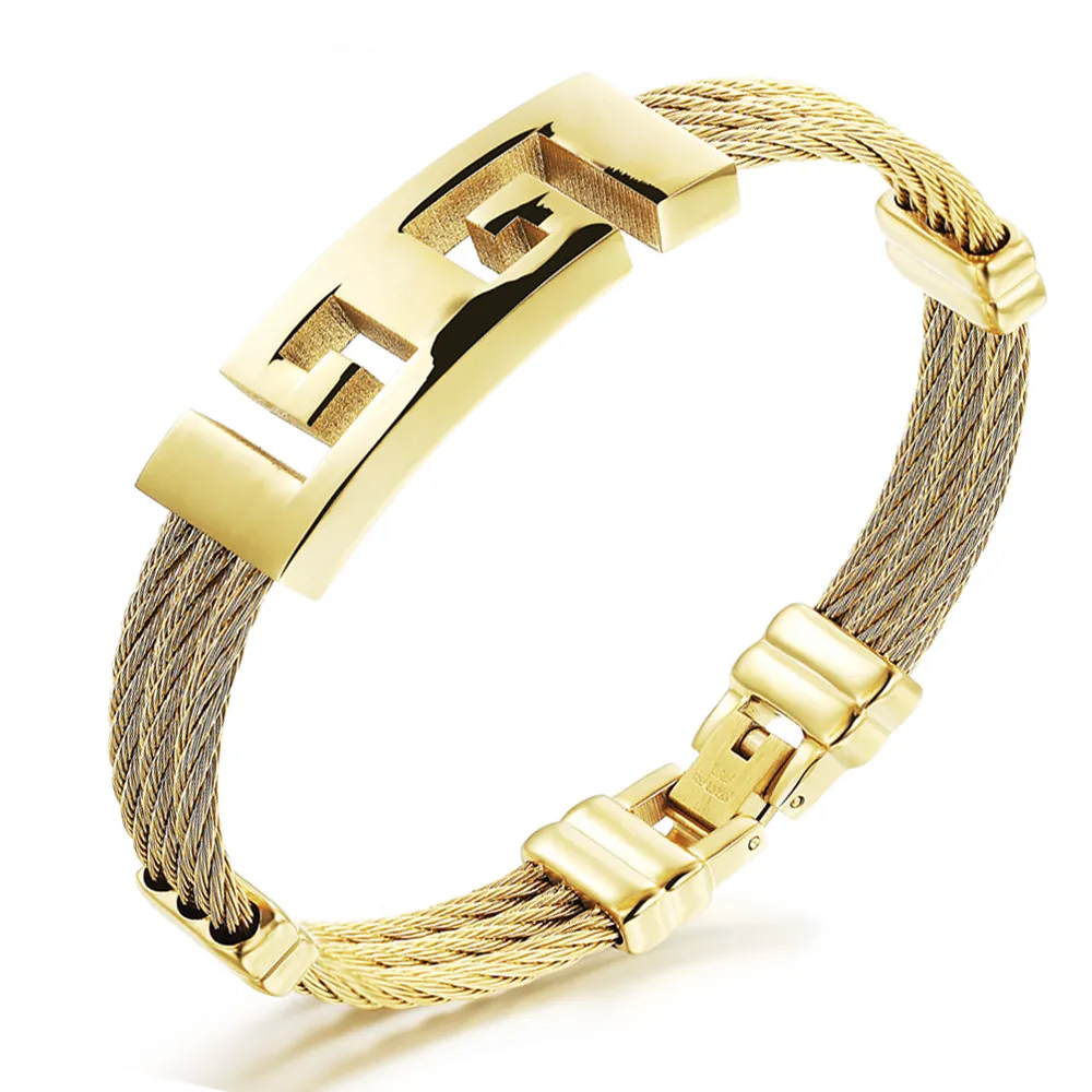 High Quality gold Color stainless steel men bracelet jewelry punk heavy metal bracelets & bangles Great Wall Pattern Bracelet