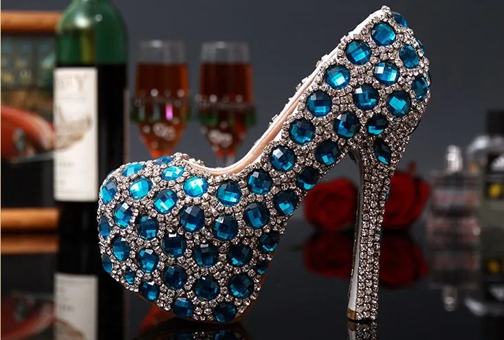 2016 wunderschöne blaue Homecoming-Schuhe für Mädchen mit hohen Absätzen, 14 cm, 12 cm, 10 cm, Bling-Bling-Kristalle, Hochzeitsschuhe für Bräute, Brautparty-Schuhe