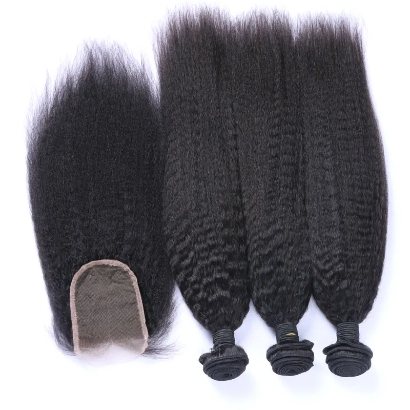 Afro Kinky Straight Brazilian Hair Bundles With Closure Human Hair Weaves Closure 4x4 Free Part Natural Color 1B Black