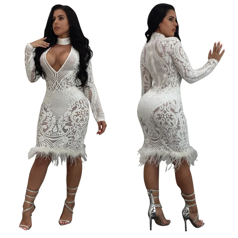Sexy Dress For Ladies V-Collar Dress American Style Fashion Autumn Fittness Club Party Sequins White Feather Dress S-XL 