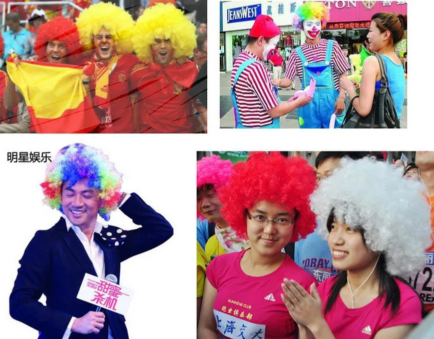 Hommes dame Clown Fans Carnaval Perruque Disco Cirque Drôle Déguisements Fête Stag Do Fun Joker Adulte Enfant Costume Afro Cheveux Bouclés Perruque accessoires de fête