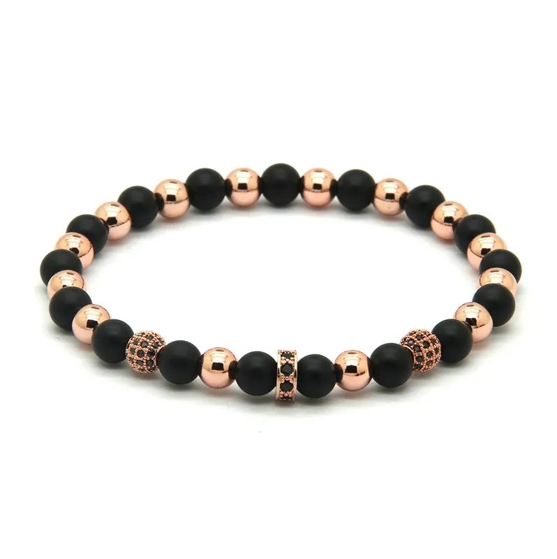 Wholesale High Grade Jewelry 6mm Micro Inlay Black Zircons Lucky Cz Beads Bracelets with 6mm Matte Agate Stone